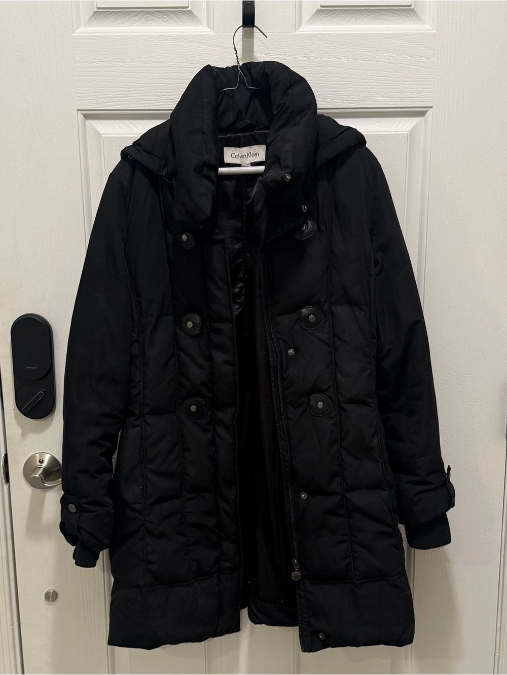Calvin Klein Black Quilted Long Puffer Coat with Hood